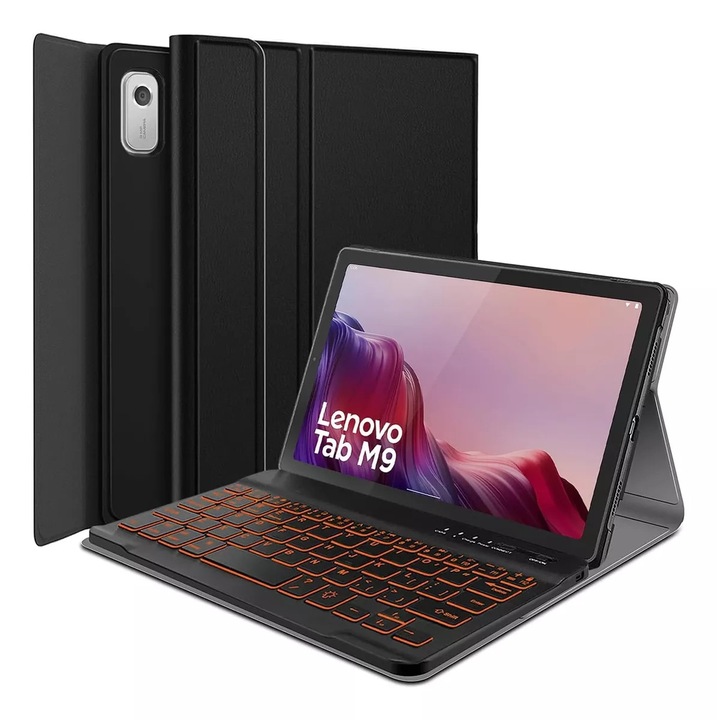 Калъф за таблет с осветена клавиатура за Lenovo Tab M9 2023 9", черен, пълен комплект