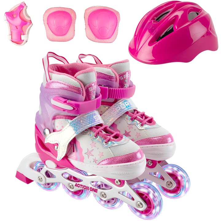 Action One Little Mermaid Roller szett, sisakkal, könyök/térd védő és hordtáskával, állítható, S méret (31-34), rózsaszín