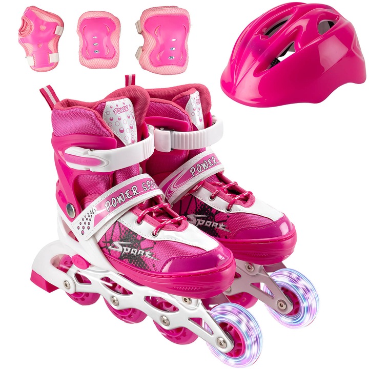 Action One Power Sport Roller szett, sisakkal, protektorokkal, világító kerekekkel, M méret (35-38), rózsaszín