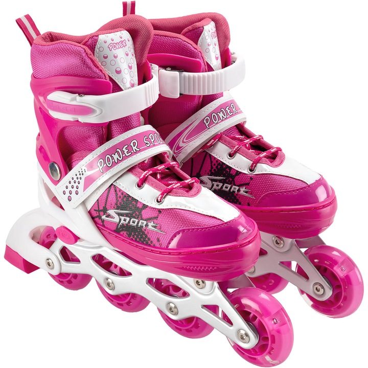 Role reglabile Action One Power Sport, roti luminoase din silicon, sina aluminiu, marimea S (31-34), roz