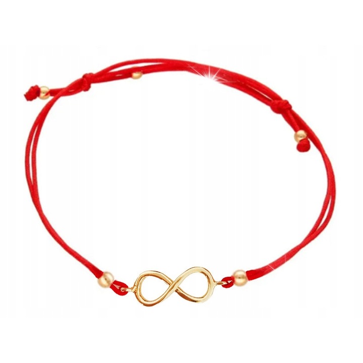 Bratara din aur 585 cu simbolul infinitului si margele, rosie, lungime reglabila