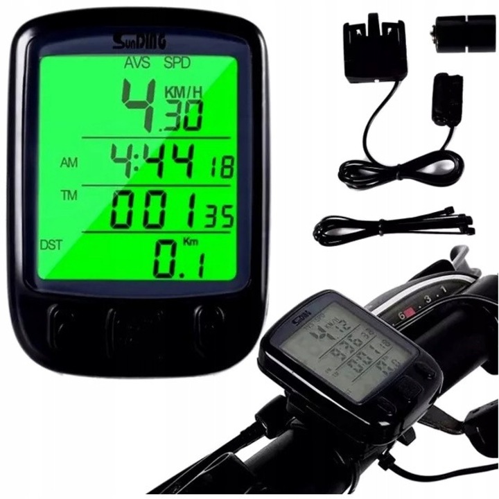 Kerékpár komputer, LCD, 27 funkció, vízálló, 57x41x19mm, komplett szett