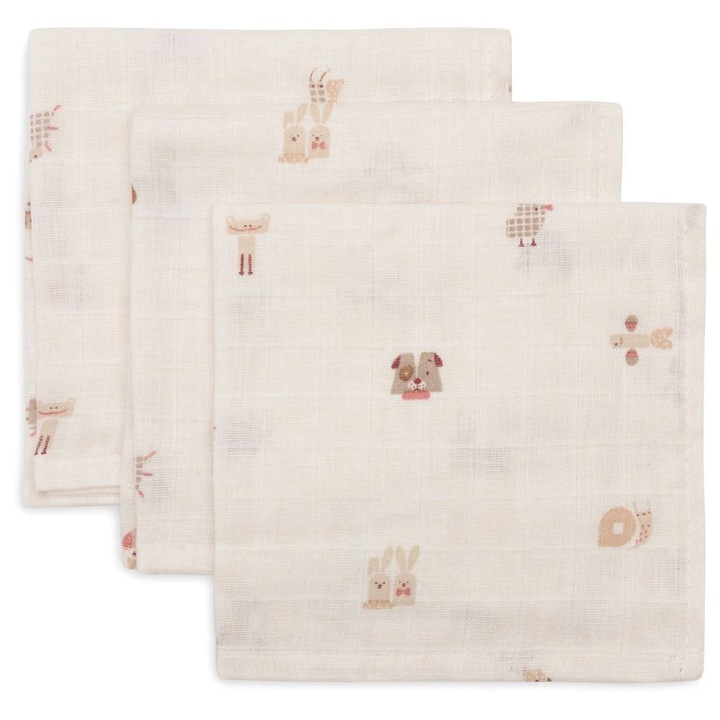 Set 3 museline din bumbac tip batista, Animal Friends, Jollein, 31x31 cm, OEKO-TEX