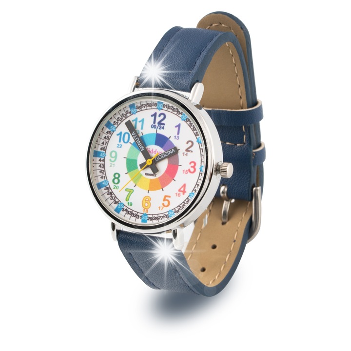 Ceas educational pentru copii Kiddus, Nauczyciel Czasu, albastru, curea din piele PU, mecanism japonez, rezistent la apa