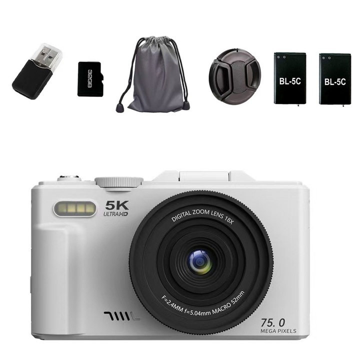 Camera foto, 5K HD, senzor de 75 megapixeli, zoom 18x, ecran rabatabil la 180°, focalizare automata AF, memorie de 32 GB, transfer WiFi catre dispozitive mobile, baterie dubla