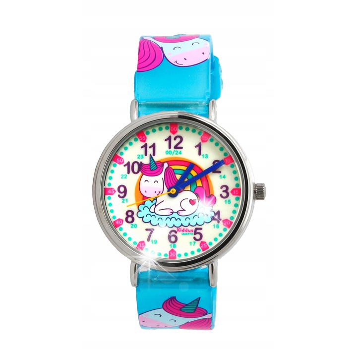 Ceas educational pentru copii Kiddus, model Unicorn, mecanism japonez, rezistent la apa, 30m, cu exercitii pentru invatarea orei