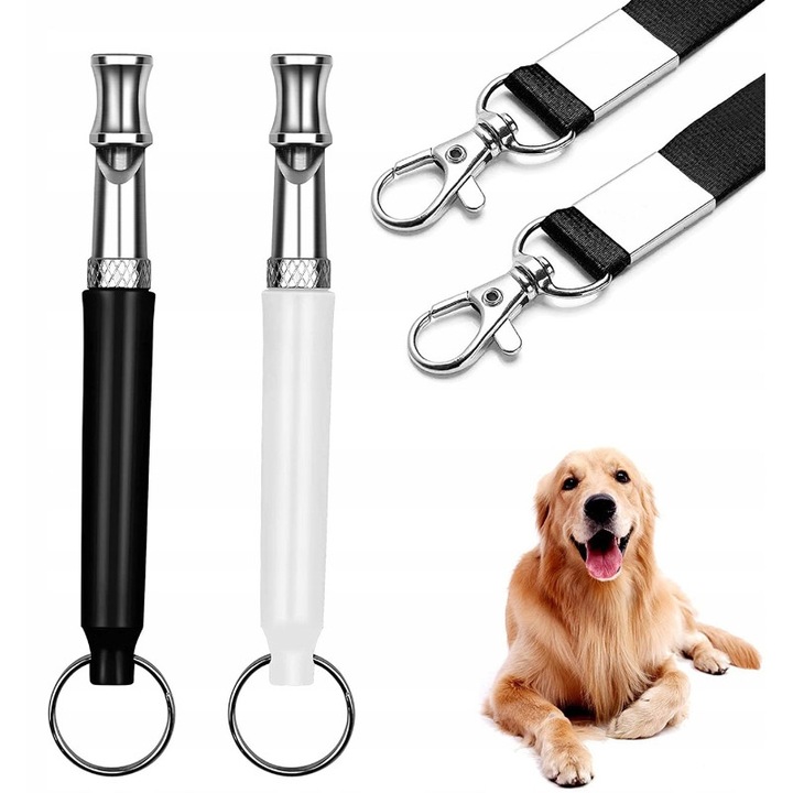 Set 2 fluiere pentru caini, caracteristici reglabile, inox, negru/alb