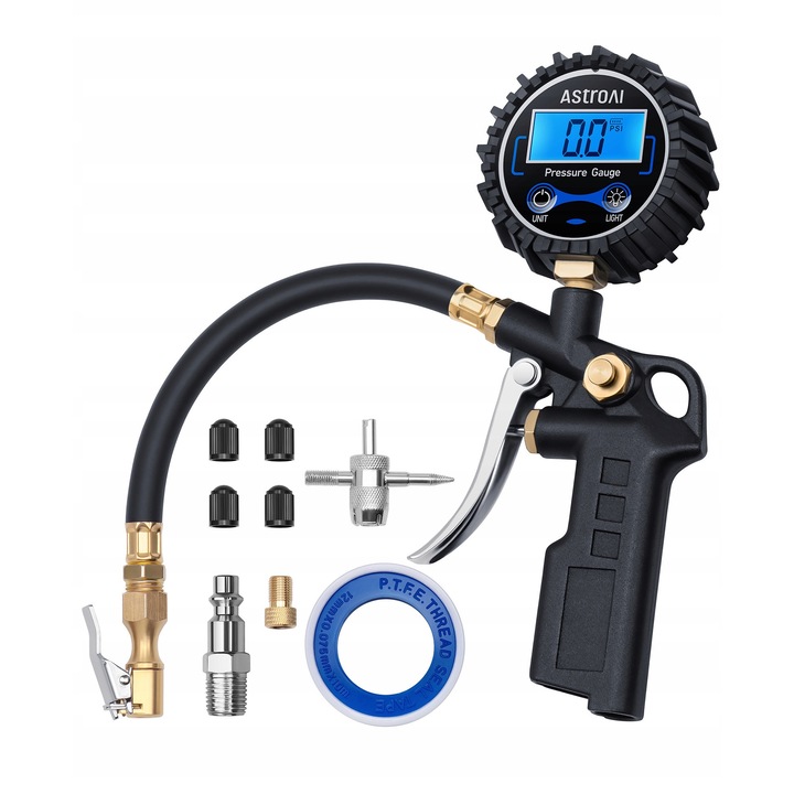 Masurator de presiune pentru anvelope cu inflator 250 PSI, AstroAI, 3 in 1, inox compatibil cu compresoare 1/4" si 1/2" NPT