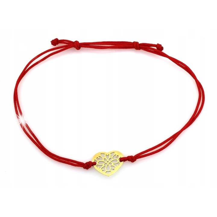 Bratara din aur 585 cu inima azurata pe snur rosu, Lovrin, 19cm x 11mm, 0,2g