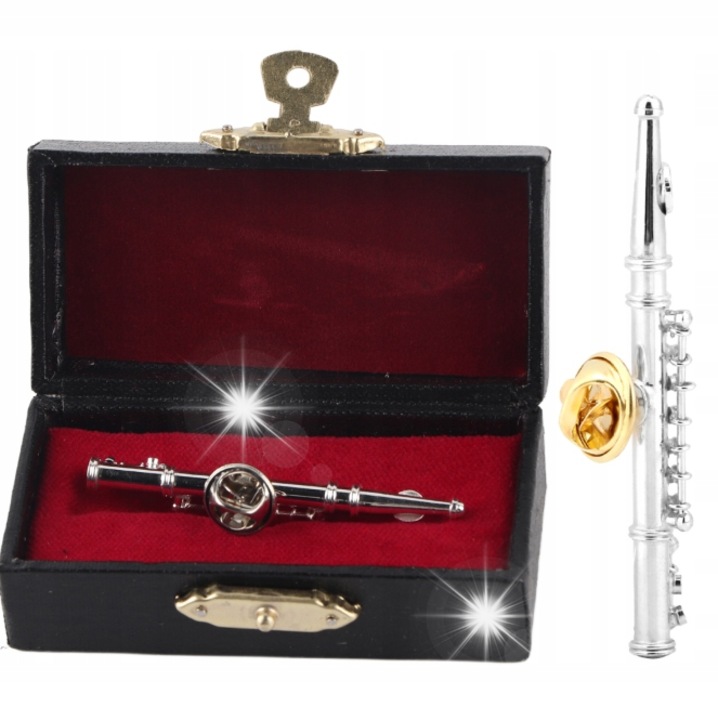 Brosa mini instrument flaut, aurie/silver, 5.7x0.6cm