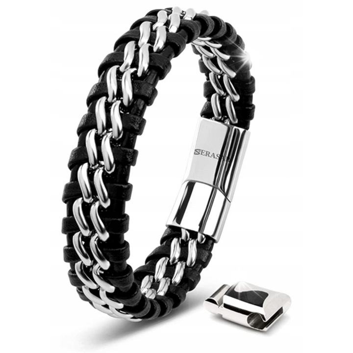 Bratara din piele Serasar, 20cm, inchisa cu magnet, negru/argintiu
