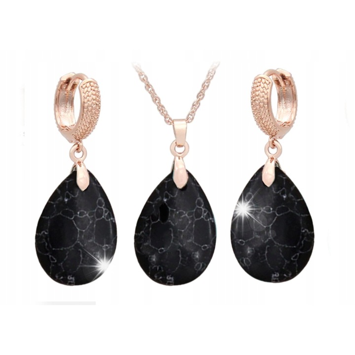 Set bijuterii, Lovrin, colier si cercei, piatra neagra, aur roz, 49cm