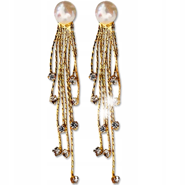 Cercei eleganti cu perla sintetica si zirconiu, aurii, 7cm, LOVRIN