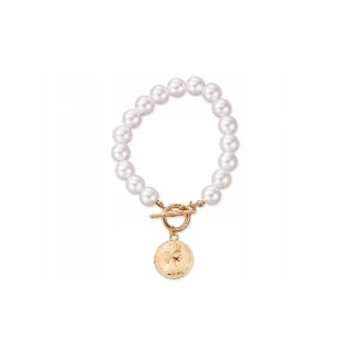 Bratara dama, Lovrin, cu moneda antica, perle albe, 22cm