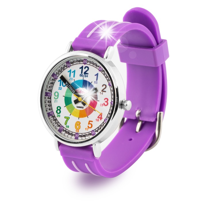 Ceas educational pentru copii Kiddus, violet, mecanism japonez, rezistent la apa, reglabil