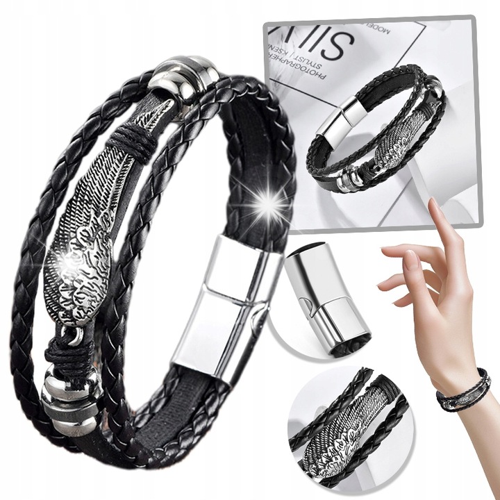 Bratara dama, din piele, model aripi, negru argintiu