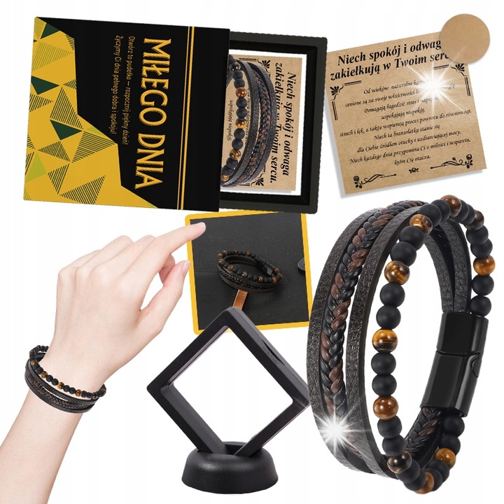 Bratara din piele pentru femei, margele ochi de tigru si agat, curea neagra, 21 cm, set cu cutie