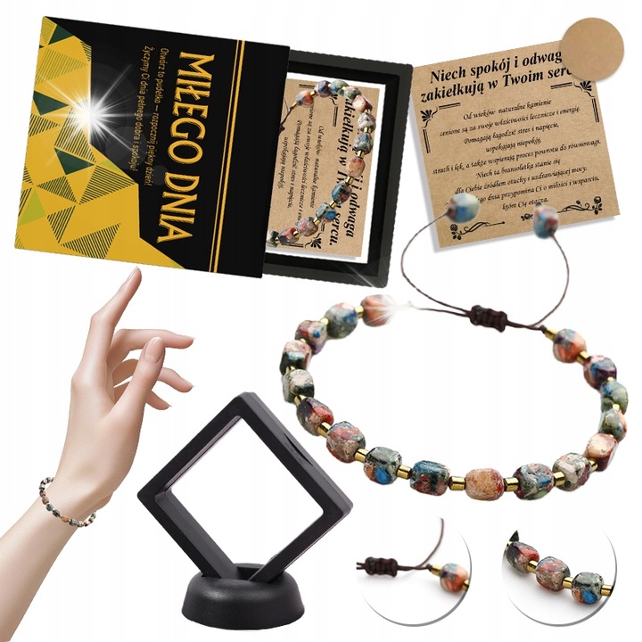 Bratara dama cu snur, Jaspis Cesar, multicolor, 16-21 cm, set cu cutie de prezent