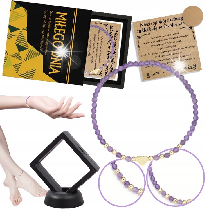 Bratara dama fluorit, violet-auriu, 18 cm, set cu cutie cadou