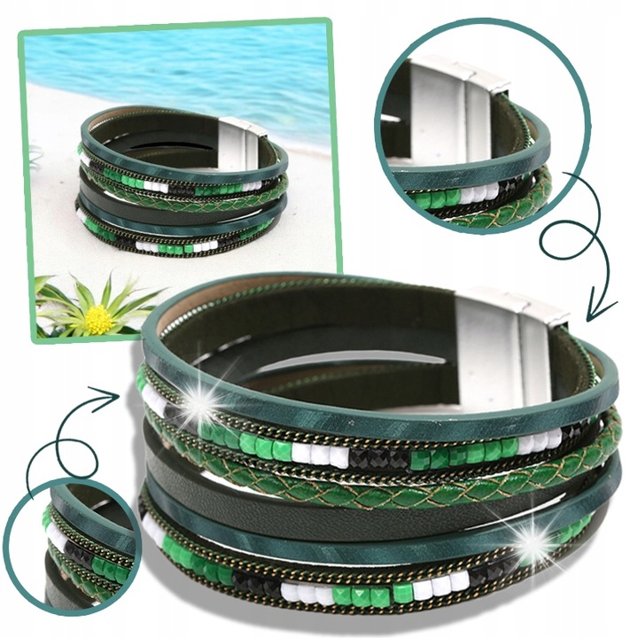 Bratara etnica din piele pentru femei, curea neagra si verde, 19.5 cm, latime 2 cm