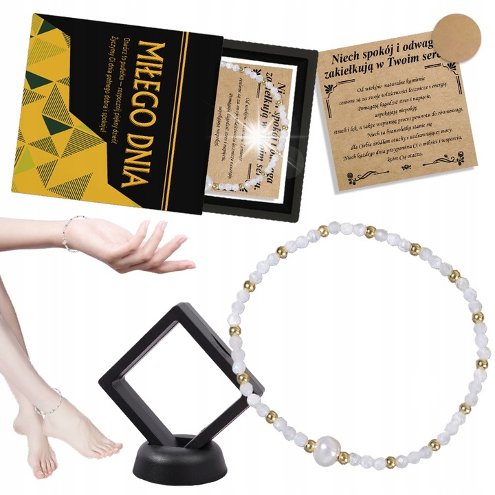 Bratara eleganta din piatra naturala si perla, set cu cutie de prezent, aurie si alba, 17.5 cm