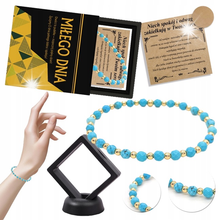 Bratara dama Apatit, pietre naturale, albastru-silver, 17.5 cm, set cu cutie de prezent