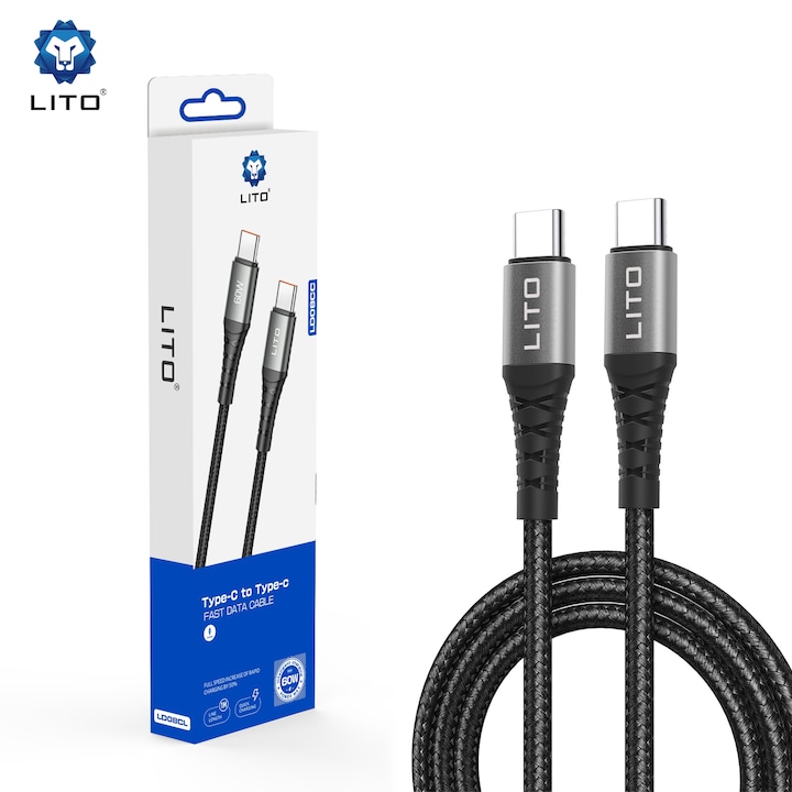 Кабел за зареждане и пренос на данни Lito LD08, Type-C to Type-C, Nylon Braided, 1m - Черен