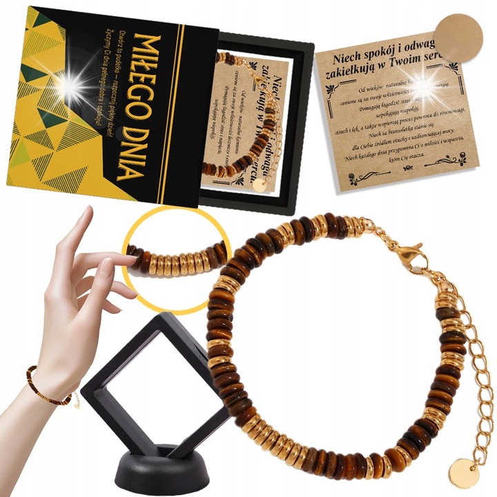 Bratara dama cu ochi de tigru, neagra cu auriu, 17-22 cm, set cu cutie