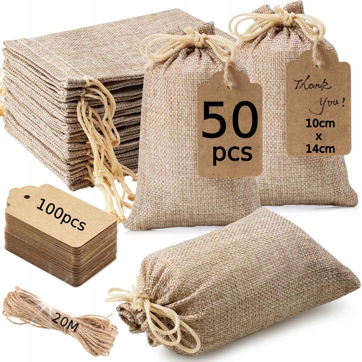 Set 50 pungi burlap cu snur, 10x14cm, maro/gri, ambalaje cadouri