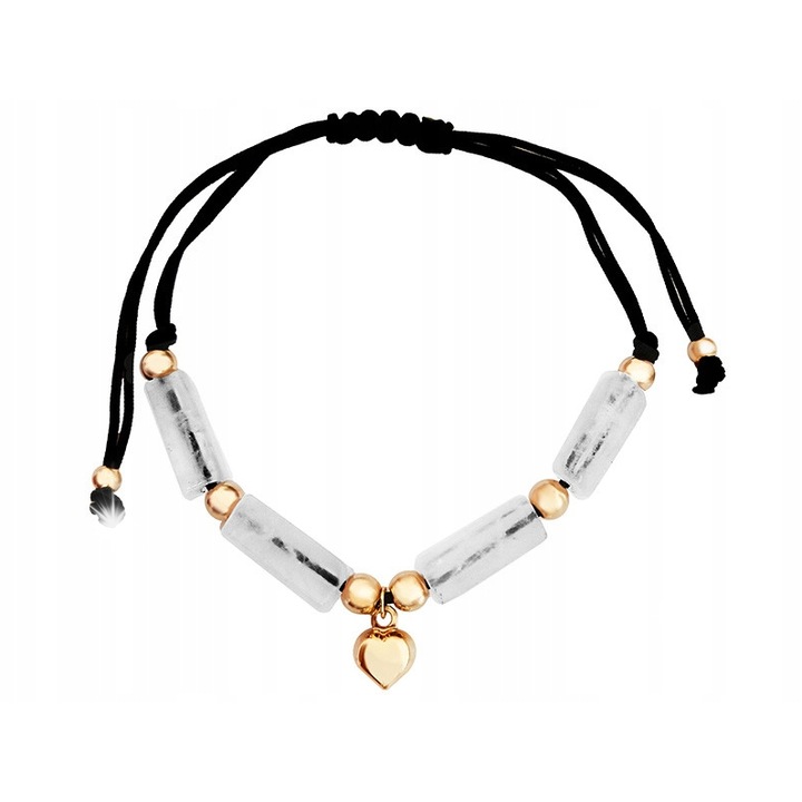 Bratara din fir cu inima din aur 585, perle, neagra, 19cm, set