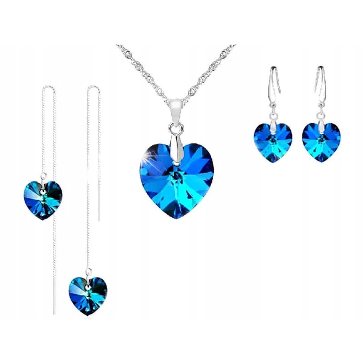 Set bijuterii, Lovrin, inima cu pietre granat, 2 perechi cercei, lungime 46cm, argintiu