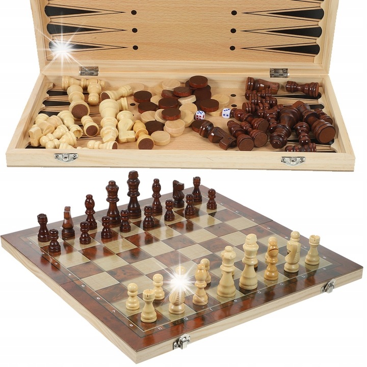 Set 3 in 1: Sah din lemn, 29x29cm, pentru 2 jucatori