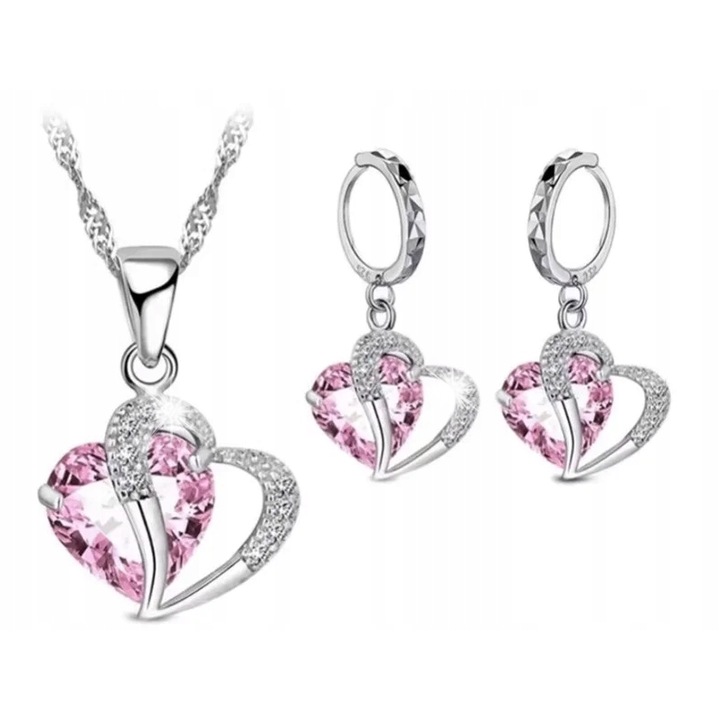 Set bijuterii dama, Lovrin, cu zirconii, arginitu, roz, 42cm