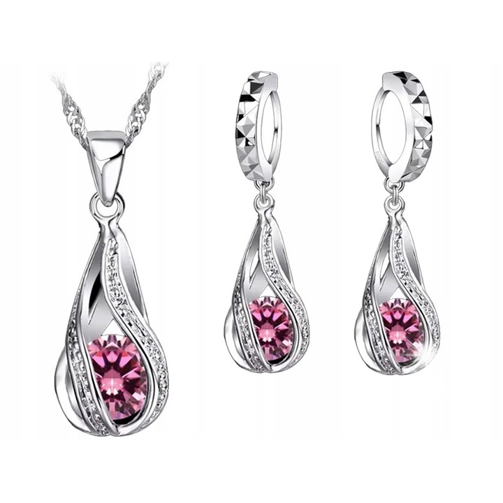 Set bijuterii dama, Lovrin, 45cm, argintiu, roz