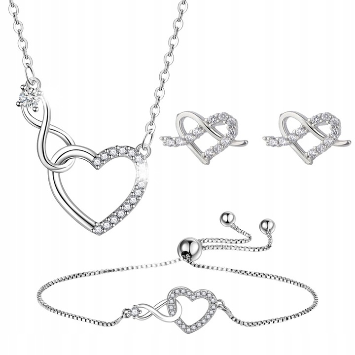 Set 3 piese bijuterii dama, cercei, bratara, argintiu