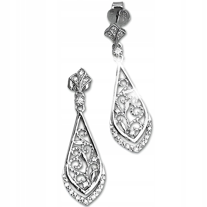 Cercei din argint 925, Lovrin, design elegant cu ornamente florale, ciorchini cu zirconii albe, 3,2cm