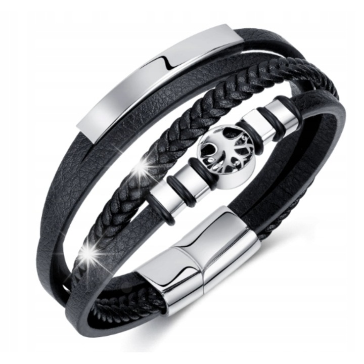 Bratara din piele artificiala neagra, 21cm, cu catarama metalica argintie, set pentru femei