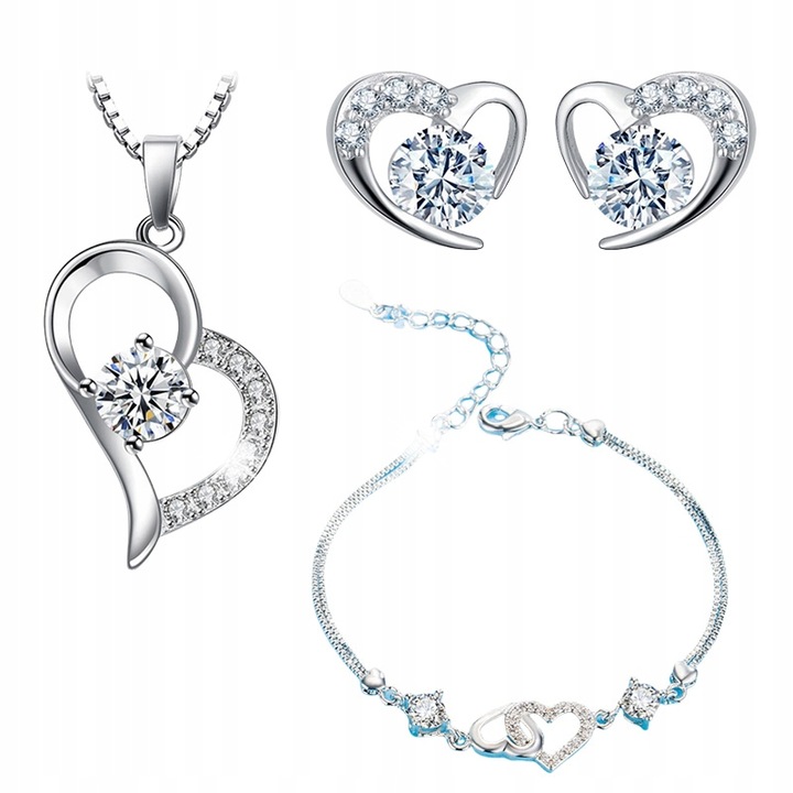 Set 3 piese bijuterii dama, EETOHO, lantisor cu pandantiv, cercei si bratara, din argint S925 si zirconiu cubic 5A