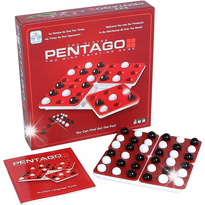 Pentago társasjáték, 2 játékos, 5 golyó egy sorban, kompakt, többszínű