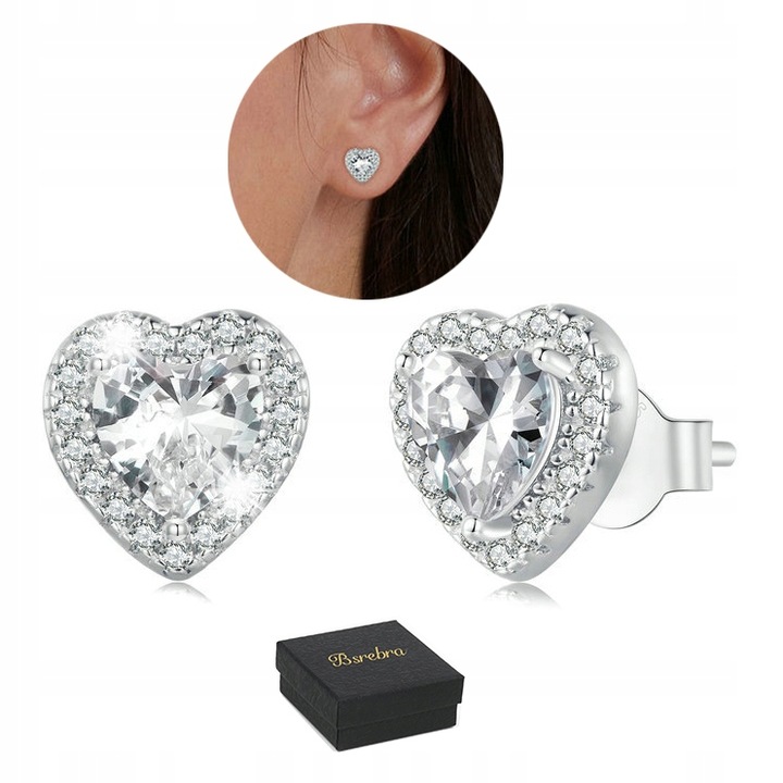 Cercei din argint 925 cu zirconii in forma de inima, Bsrebra, 6.5x6.5mm, hipoalergici, usori