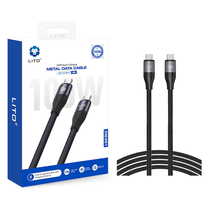 Кабел за зареждане и пренос на данни Lito LD23, Type-C to Type-C, 100W, 1m - Черен