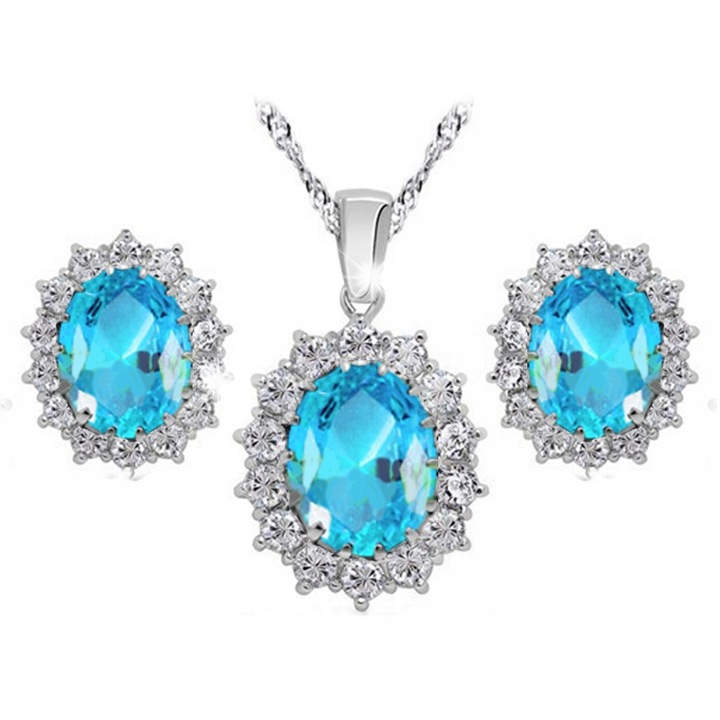 Set bijuterii placat cu argint, Lovrin, zirconiu oval azur, cercei 1,4x1,2cm, pandantiv 2,1x1,5cm, lungime lantisor 45cm+5cm ajustare