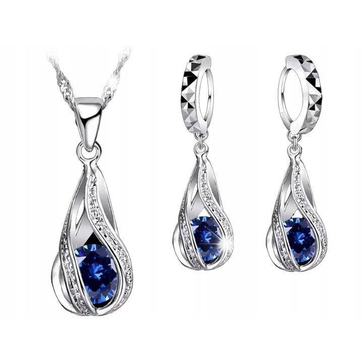 Set bijuterii placate cu argint, Lovrin, lant 45cm, cercei cu prindere tip creola, alb, cu piatra albastra