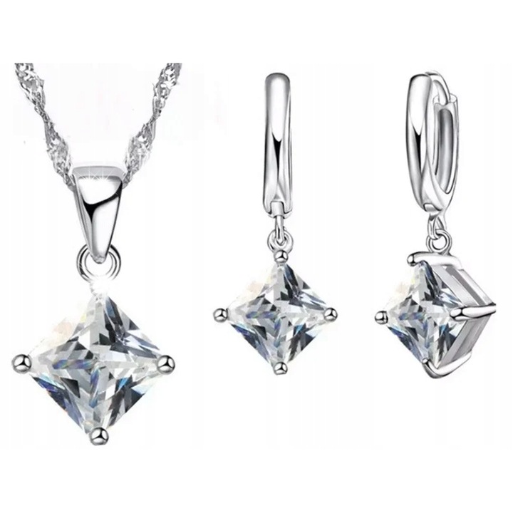 Set bijuterii din argint si cuburi din zirconiu, Lovrin, colier si cercei, alb, 47cm