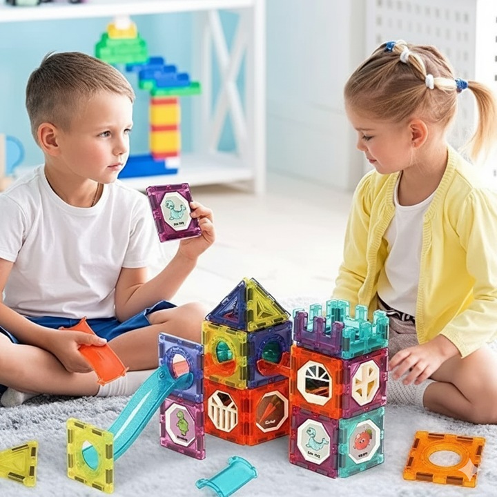 Set XL 2025 Magnetic Light Blocks 75 piese – Constructii Luminoase cu Bile Glow, Tuburi Magnetice si Elemente STEM