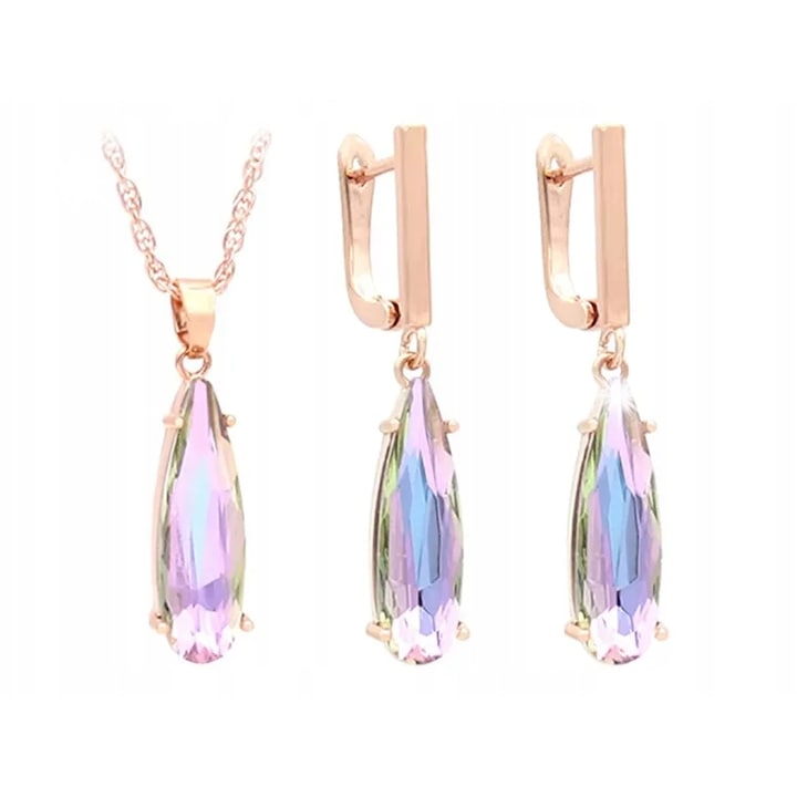 Set bijuterii, Lovrin, lungime 48cm, cristale stralucitoare, roz auriu