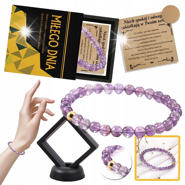 Bratara din ametist cu bila aurie, 18 cm, violet, set cu cutie de cadou