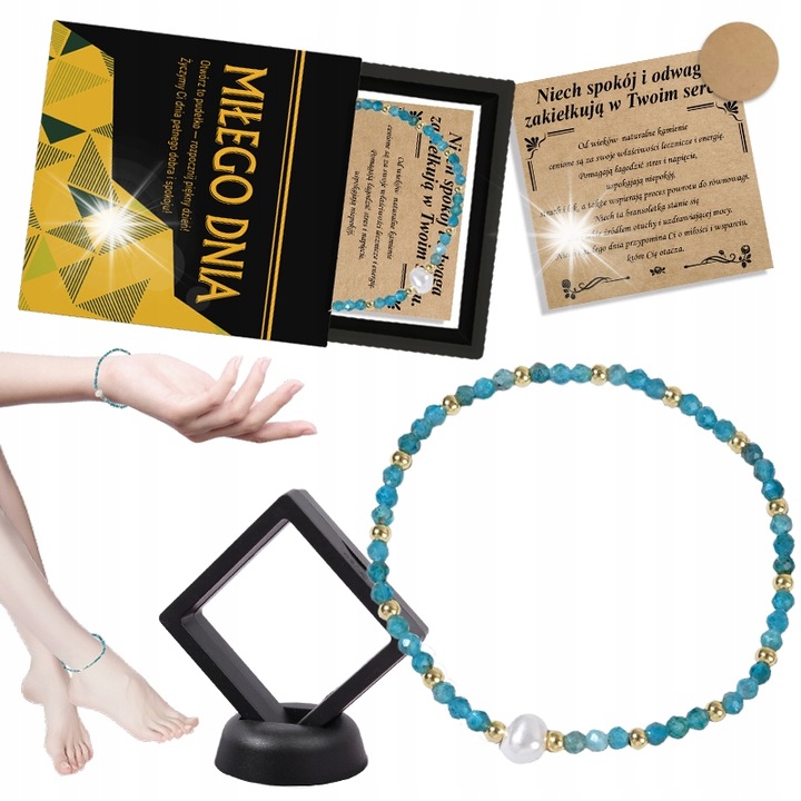 Bratara dama cu pietre naturale Apatit si perla, multicolor, 17.5 cm, set cu cutie de prezent