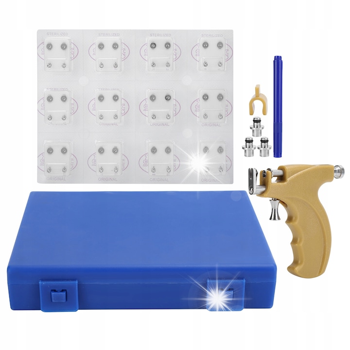 Set pistolet pentru piercing, 24 cercei, inox, plastic, pentru urechi, nas, buric