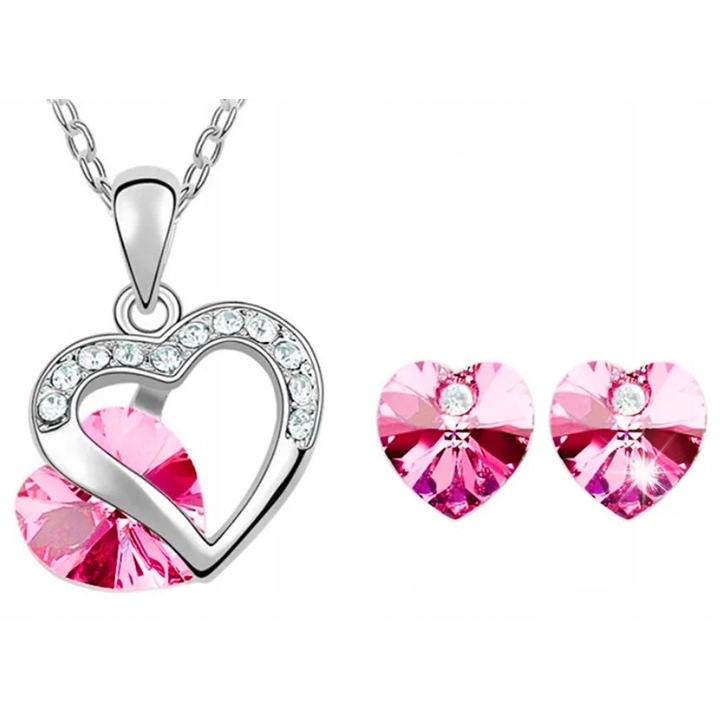 Set bijuterii dama, Lovrin, colier si cercei, roz, 48cm